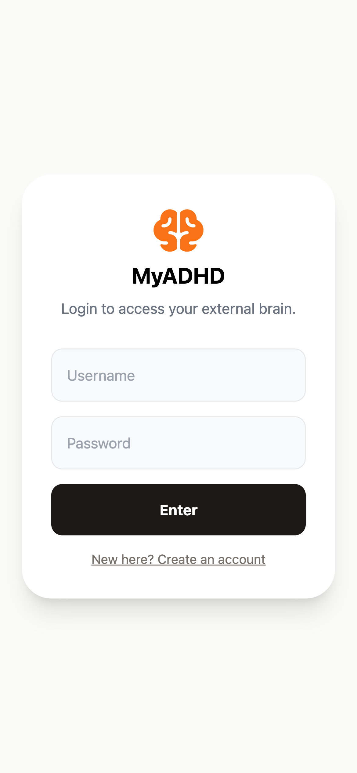 MyADHD login screen